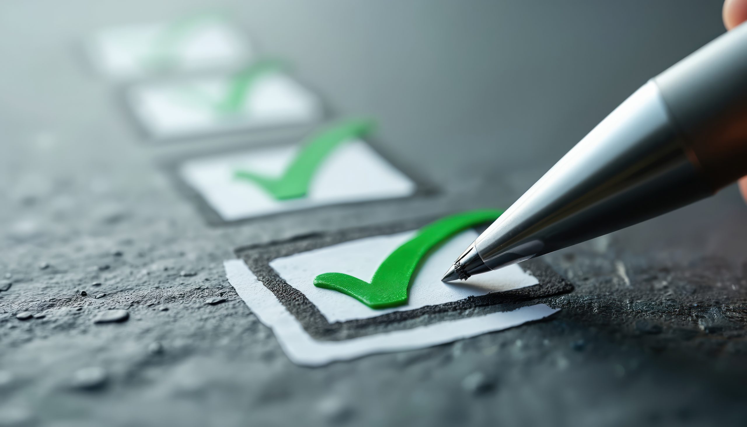 A hand uses a silver pen to check off items on a list. Several green check marks indicate completed tasks. The focus is on the pen tip and the closest check box.